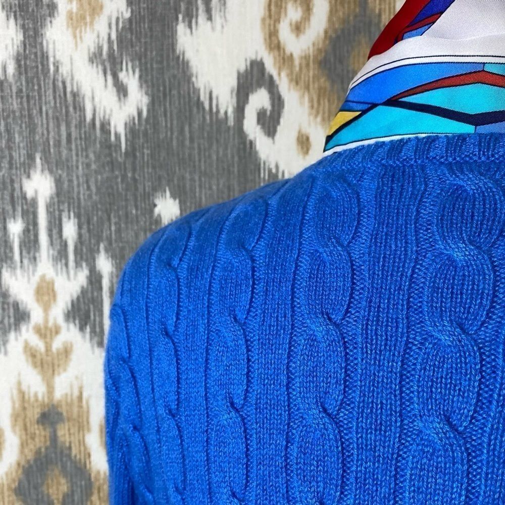 Ralph Lauren Blue Cashmere Mitered Cable Knit V-Neck Long Sleeve Sweater - Picture 5 of 16